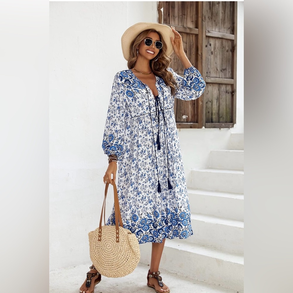 ❗️NWT Long Sleeve Floral Print V-Neck Tassel Bohemian Midi Dresses
